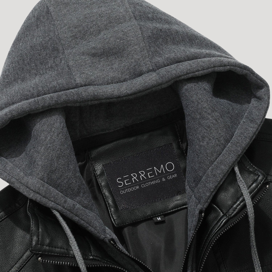 Men’s Leather Bomber Jacket Removable Hood Zip Outerwear