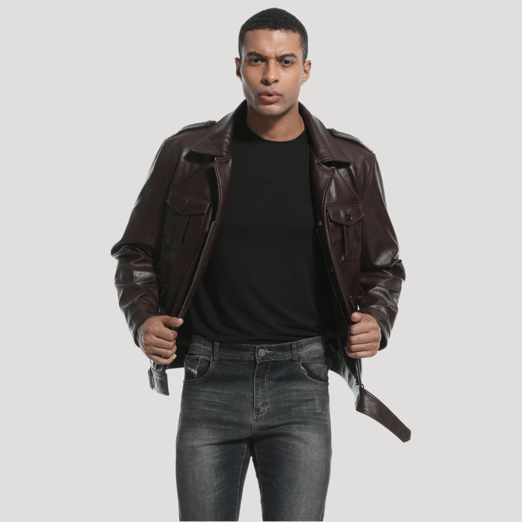 Men’s Brown Leather Field Jacket With Button Front Pockets