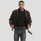 Men’s Brown Leather Field Jacket With Button Front Pockets