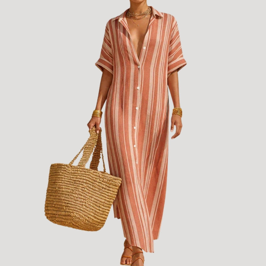Women’s Maxi Dress Shirt Striped Button Casual Summer Beach
