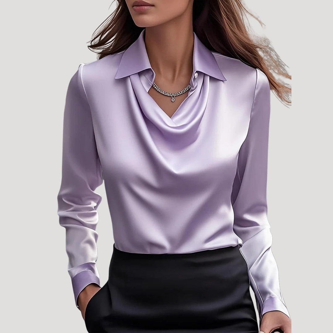 Women’s Satin Long Sleeve Blouse Draped Neck Elegant Top