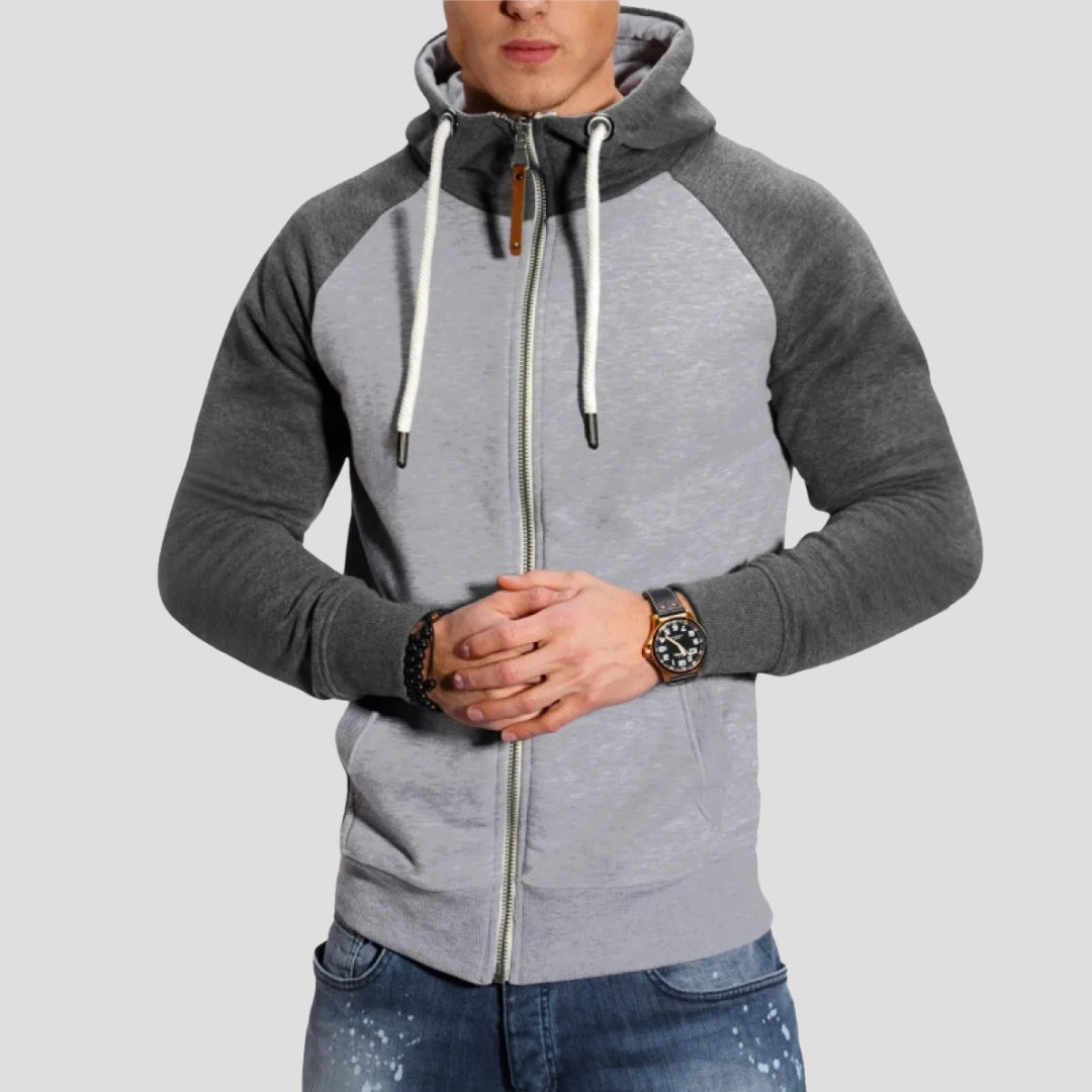 Men’s Zip Up Hoodie Contrast Sleeve Casual Drawstring Jacket