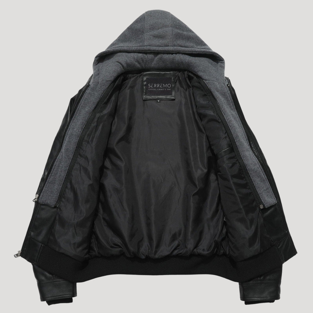 Men’s Leather Bomber Jacket Removable Hood Zip Outerwear