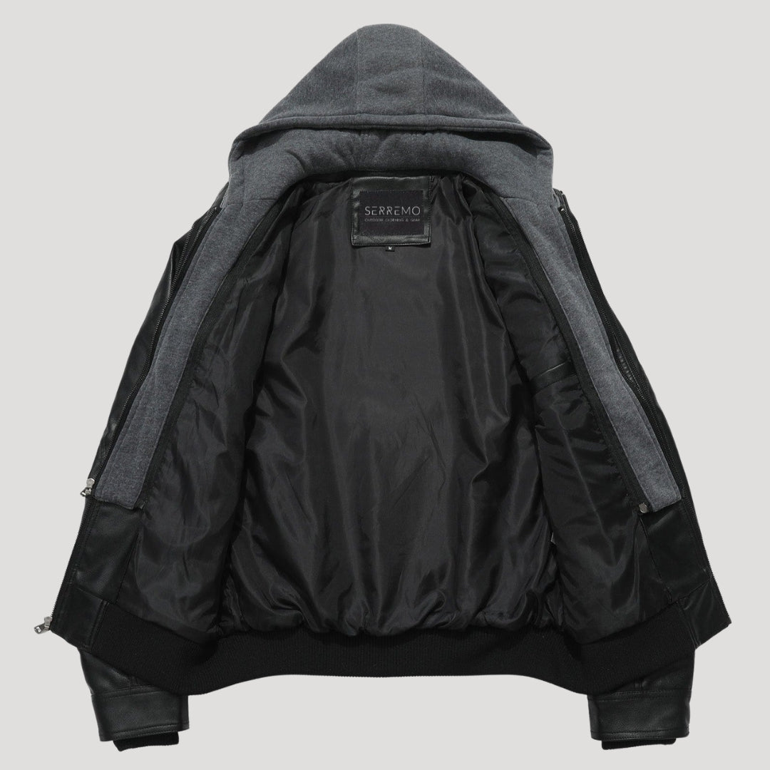 Men’s Leather Bomber Jacket Removable Hood Zip Outerwear