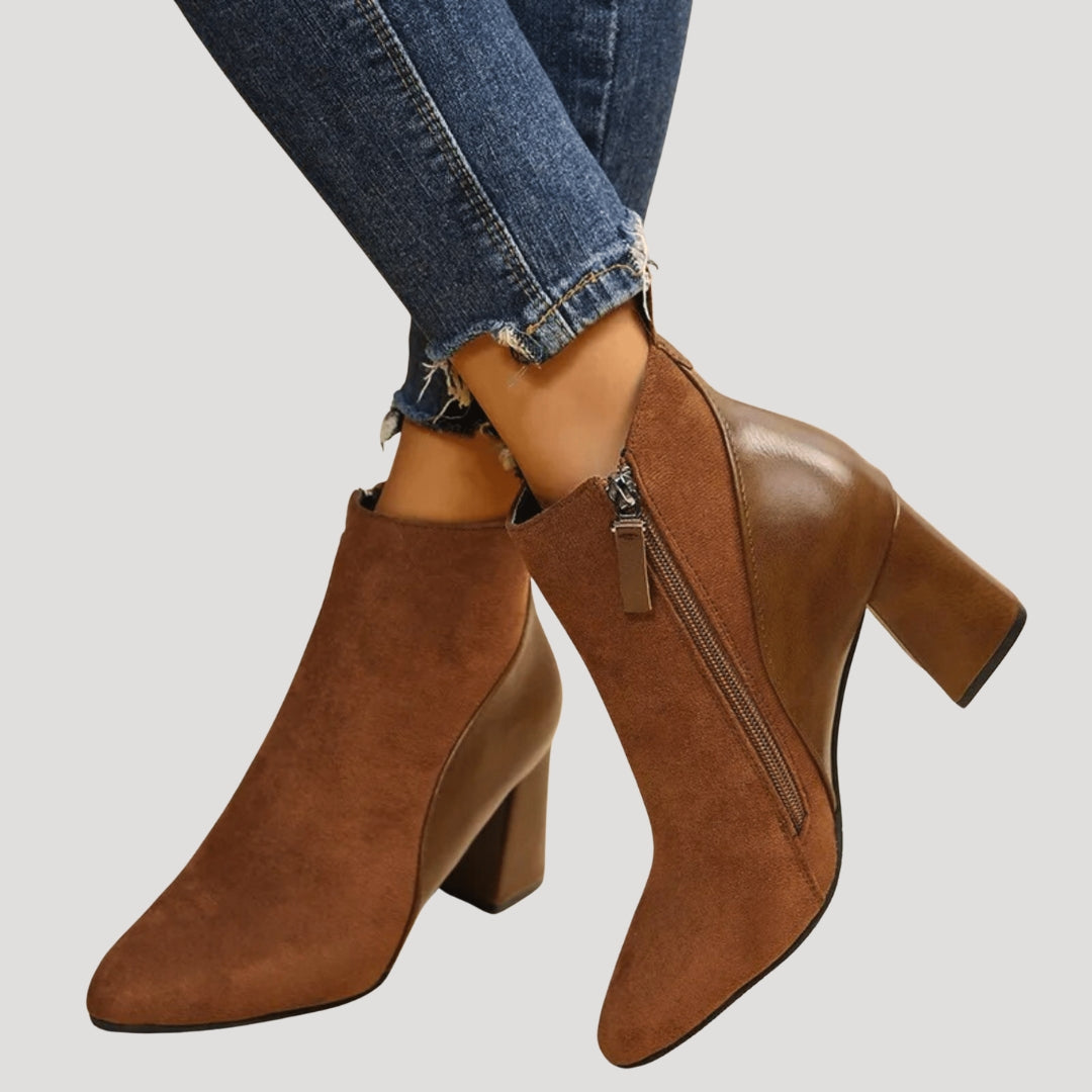 Women’s Ankle Boots Block Heel Zip Leather Short