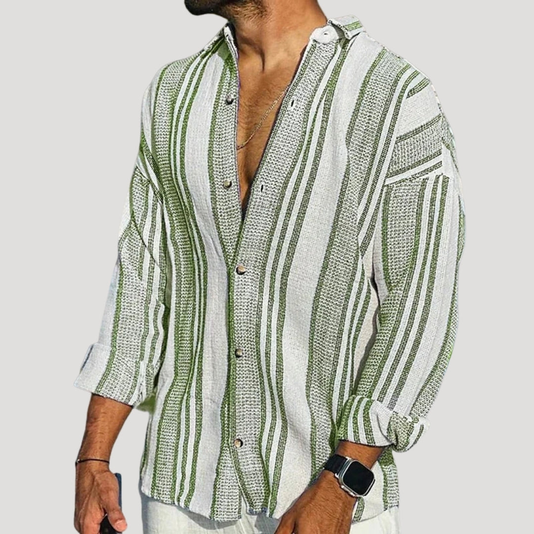 Mens Long Sleeve Linen Casual Button Shirt Striped