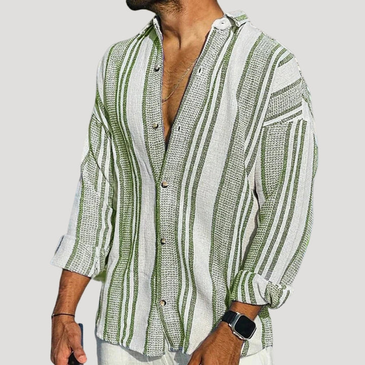 Mens Long Sleeve Linen Casual Button Shirt Striped