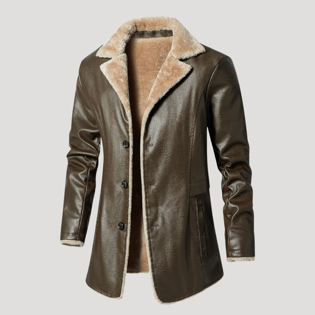 Men’s Faux Leather Shearling Longline Button Coat Jacket