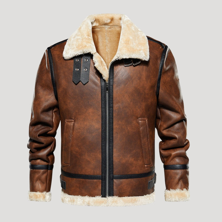 Men’s Faux Shearling Trim Aviator Leather Jacket