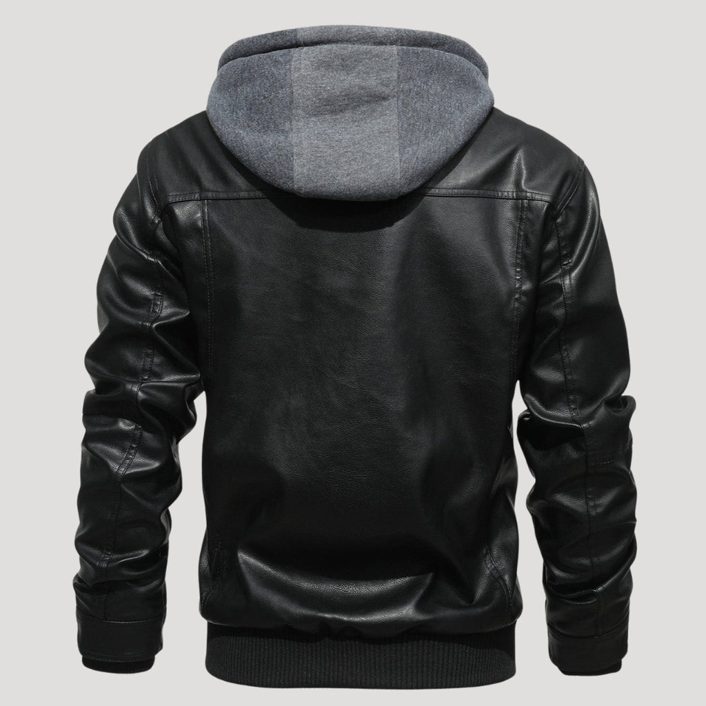 Men’s Leather Bomber Jacket Removable Hood Zip Outerwear