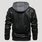 Men’s Leather Bomber Jacket Removable Hood Zip Outerwear