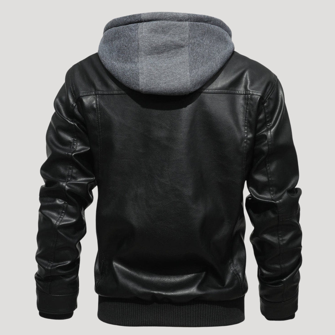 Men’s Leather Bomber Jacket Removable Hood Zip Outerwear