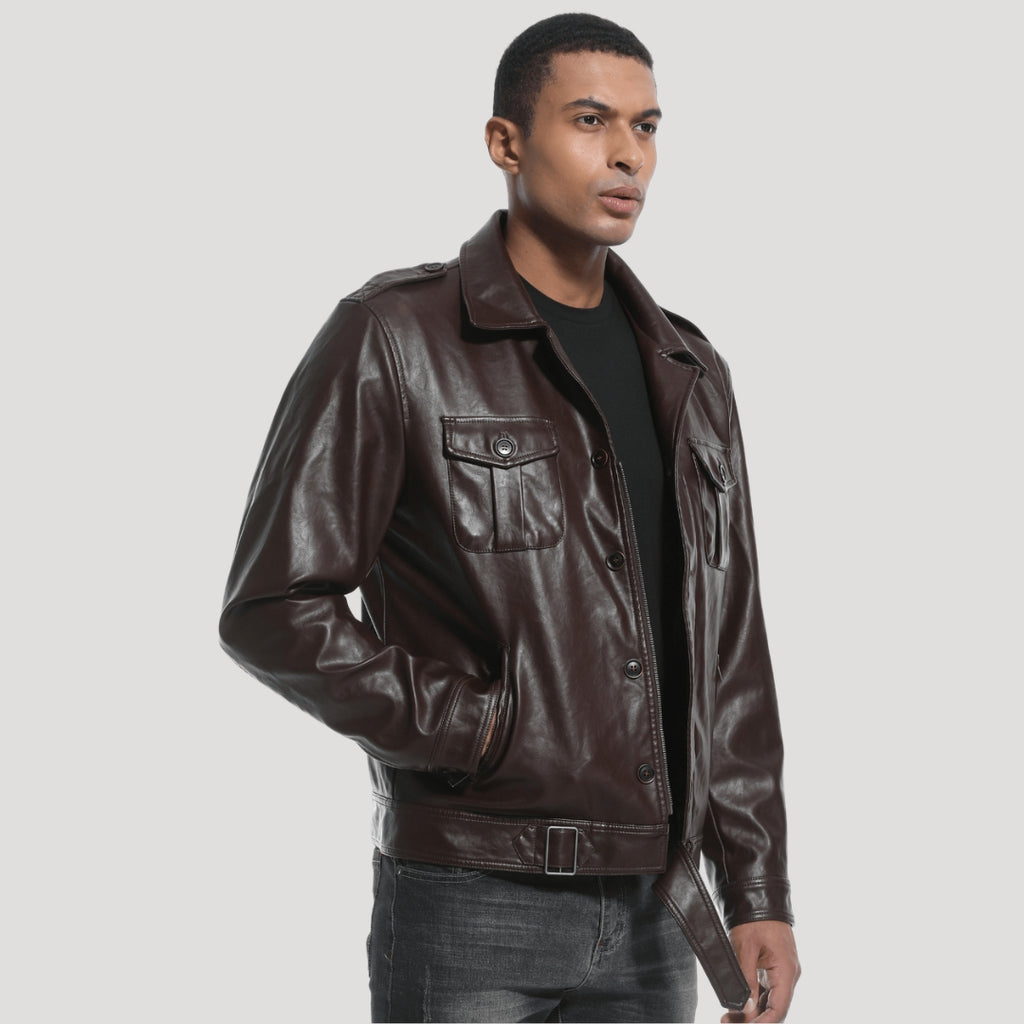 Men’s Brown Leather Field Jacket With Button Front Pockets