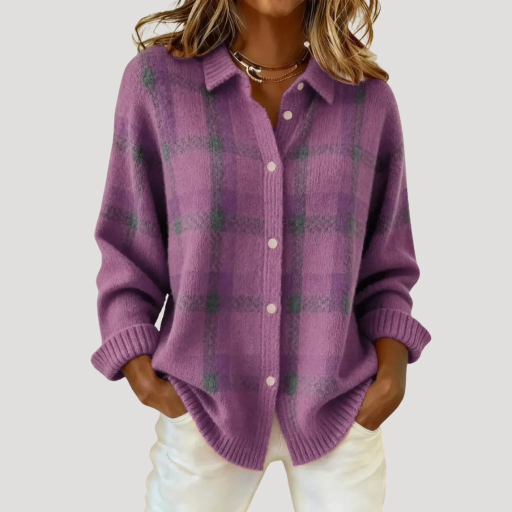 Women’s Plaid Button Front Knit Cardigan Oversized Fit