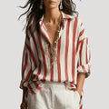 Women’s Striped Blouse Long Sleeve Button V Neck Loose