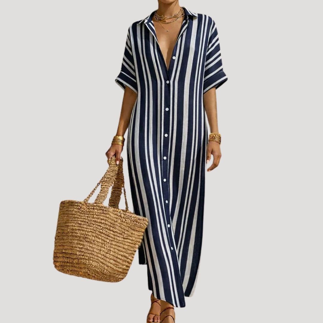Women’s Maxi Dress Shirt Striped Button Casual Summer Beach
