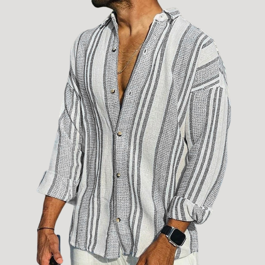 Mens Long Sleeve Linen Casual Button Shirt Striped