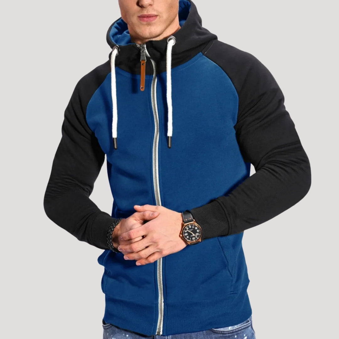Men’s Zip Up Hoodie Contrast Sleeve Casual Drawstring Jacket
