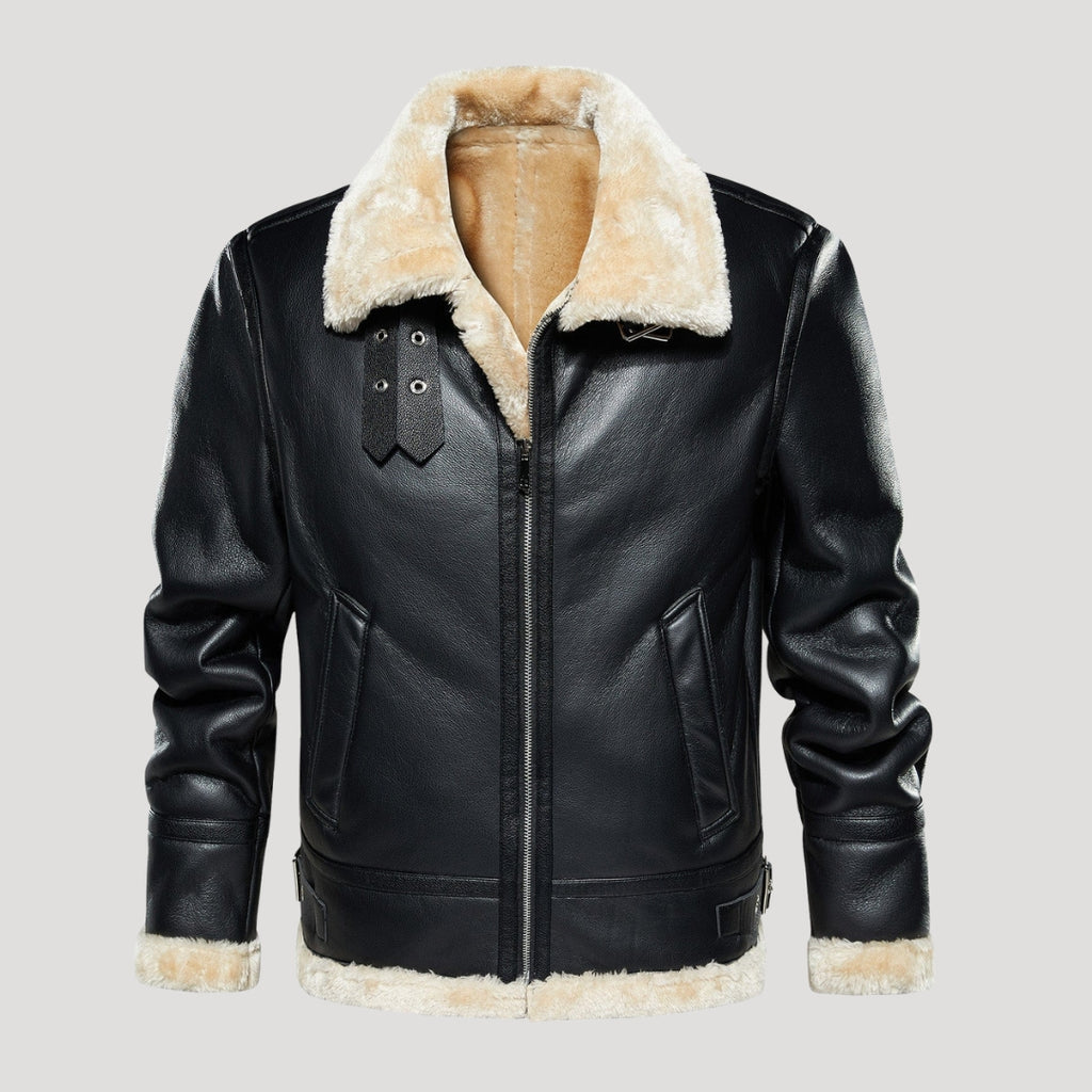 Men’s Faux Shearling Trim Aviator Leather Jacket
