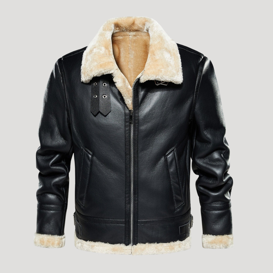 Men’s Faux Shearling Trim Aviator Leather Jacket