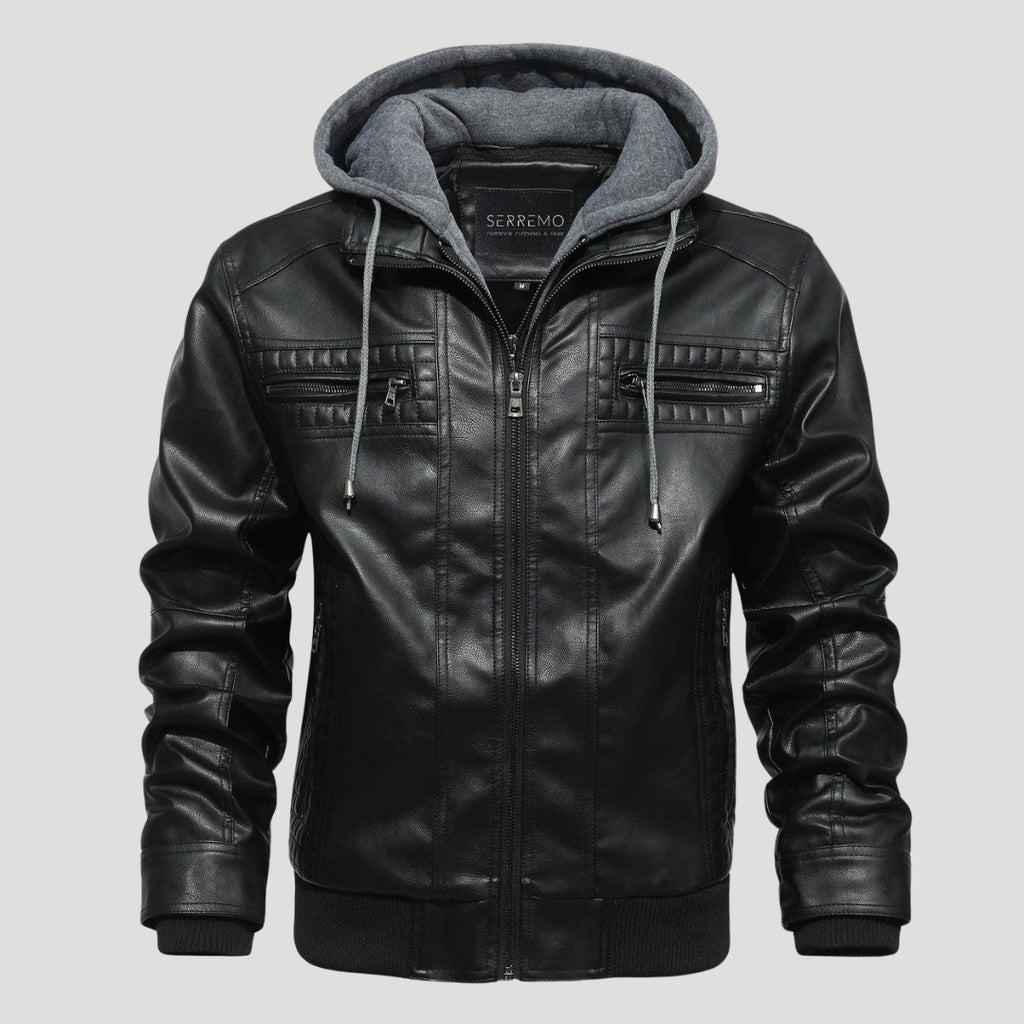 Men’s Leather Bomber Jacket Removable Hood Zip Outerwear