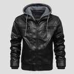 Men’s Leather Bomber Jacket Removable Hood Zip Outerwear