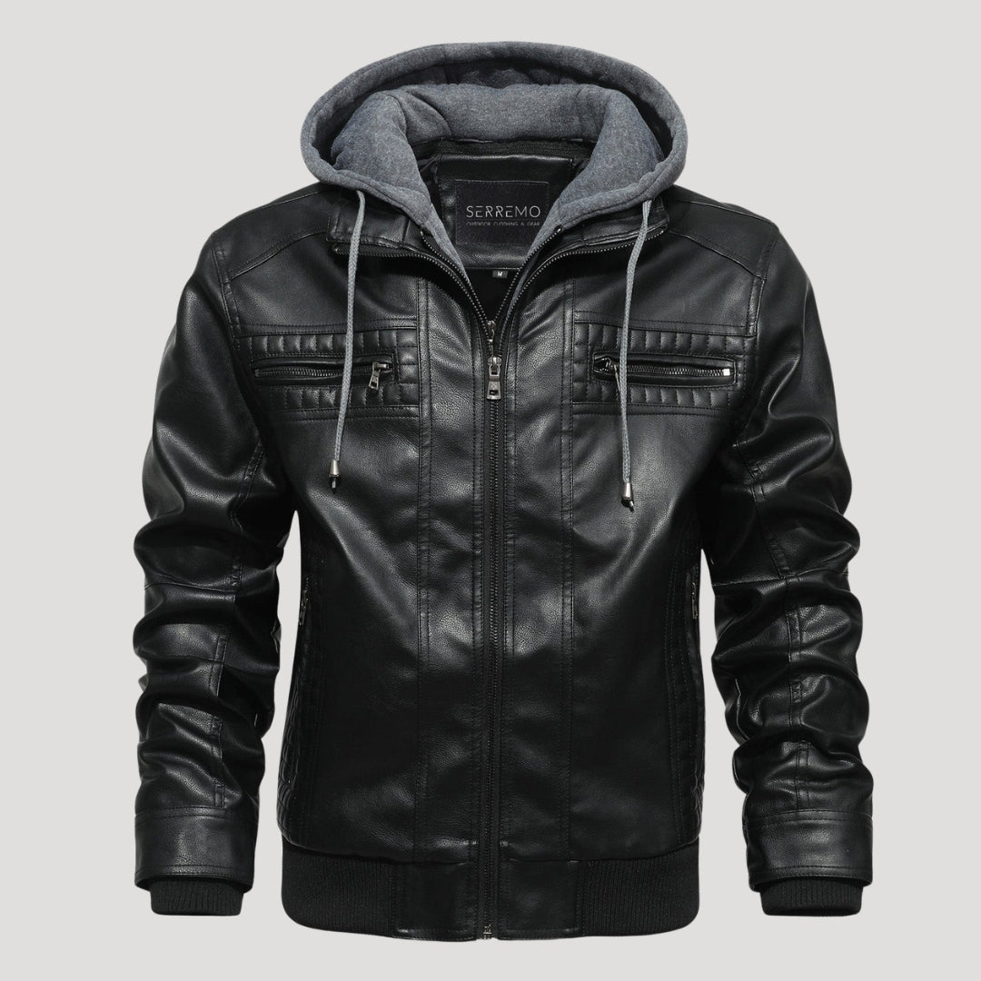 Men’s Leather Bomber Jacket Removable Hood Zip Outerwear