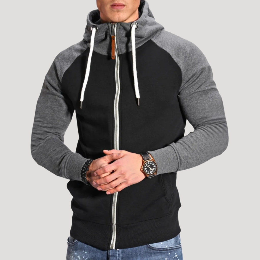 Men’s Zip Up Hoodie Contrast Sleeve Casual Drawstring Jacket