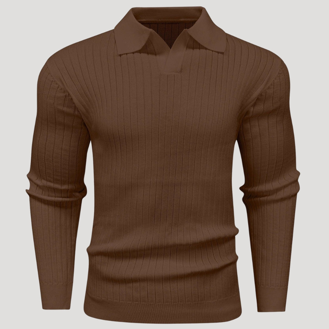 Men’s Ribbed Knit Long Sleeve Polo Sweater Slim Fit