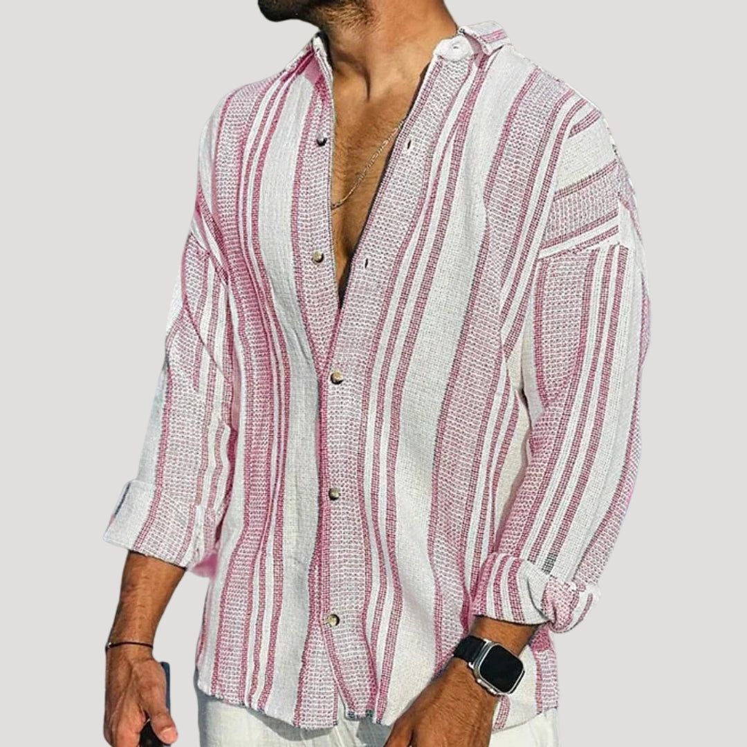 Mens Long Sleeve Linen Casual Button Shirt Striped