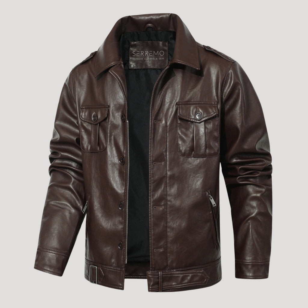 Men’s Brown Leather Field Jacket With Button Front Pockets