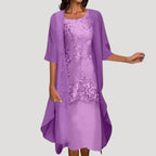 Women’s Formal Dress Midi Elegant Chiffon Layered Short Sleeve