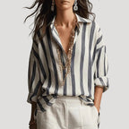 Women’s Striped Blouse Long Sleeve Button V Neck Loose