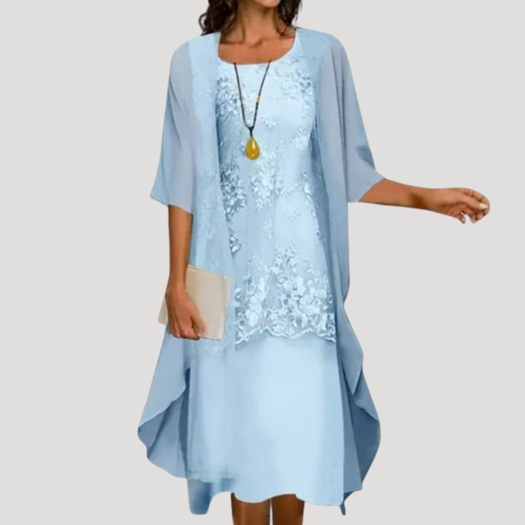 Women’s Formal Dress Midi Elegant Chiffon Layered Short Sleeve