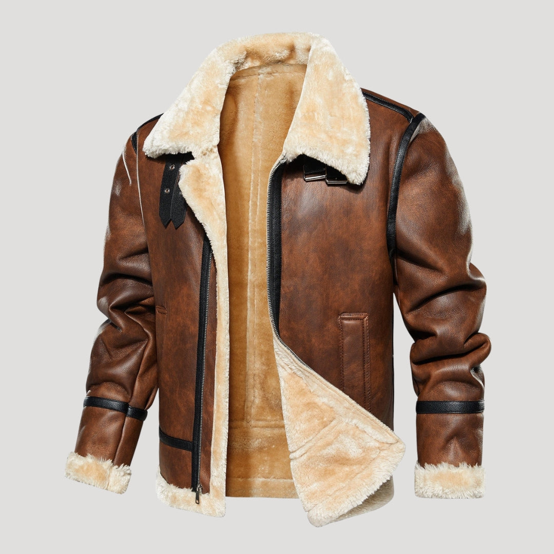 Men’s Faux Shearling Trim Aviator Leather Jacket