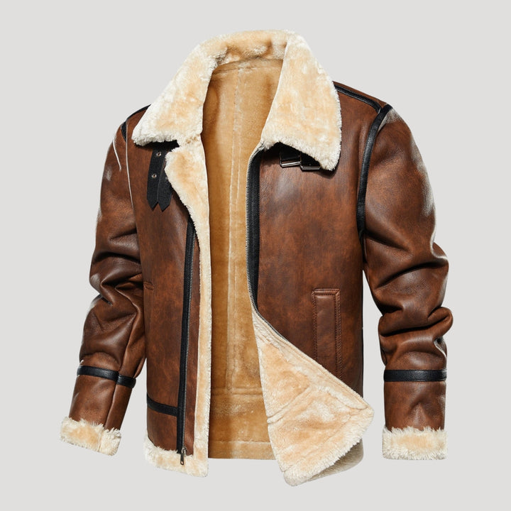 Men’s Faux Shearling Trim Aviator Leather Jacket