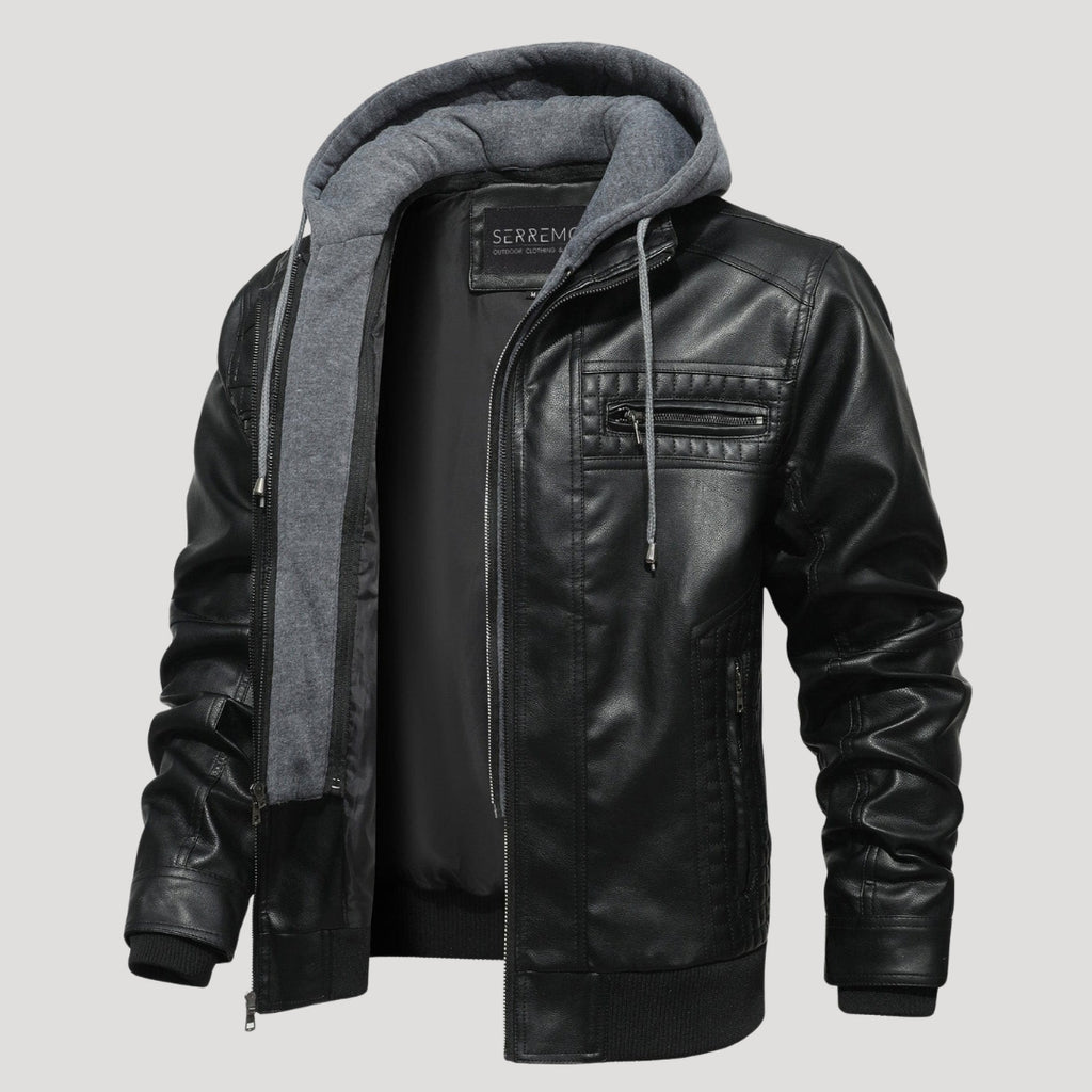 Men’s Leather Bomber Jacket Removable Hood Zip Outerwear