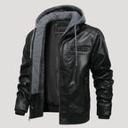 Men’s Leather Bomber Jacket Removable Hood Zip Outerwear