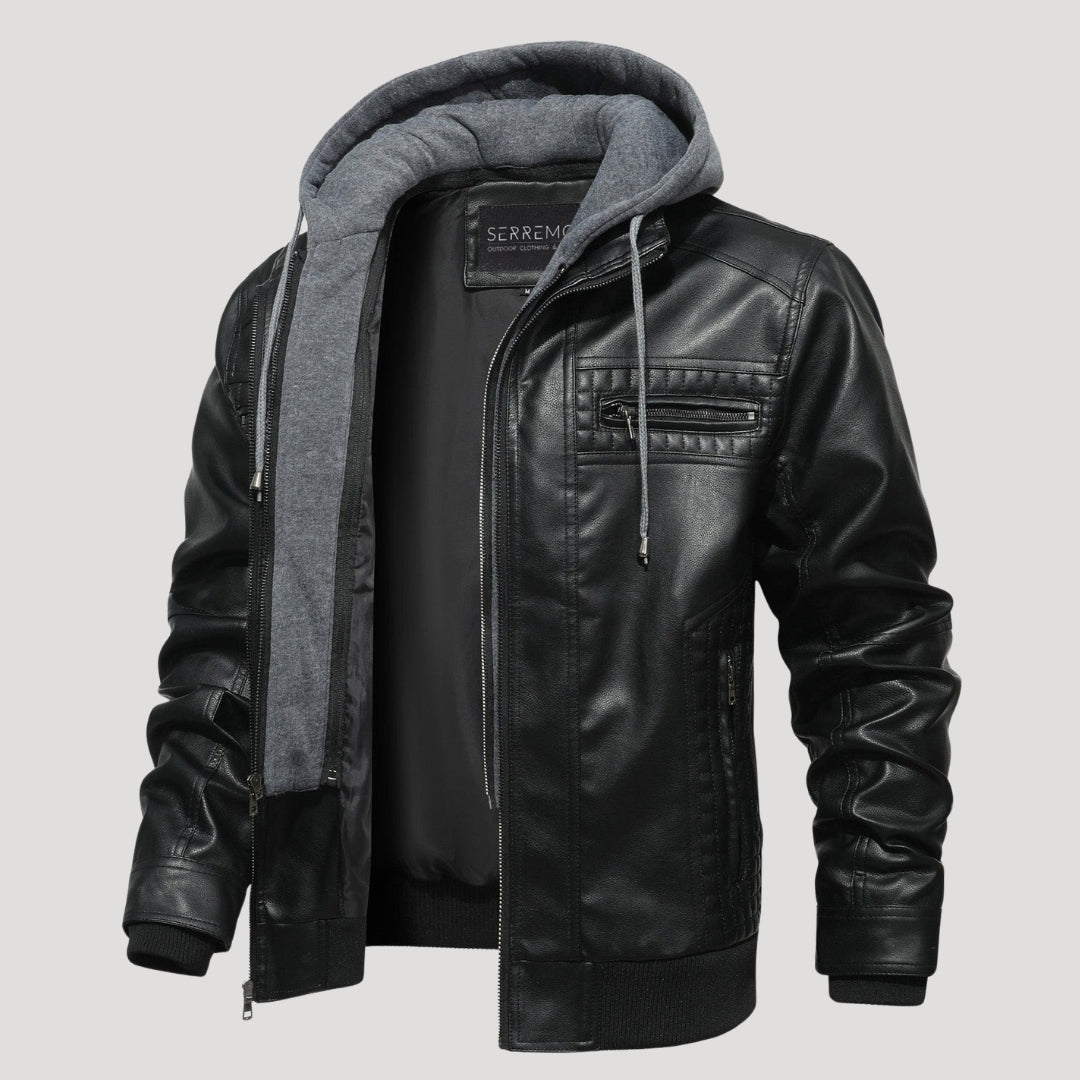 Men’s Leather Bomber Jacket Removable Hood Zip Outerwear