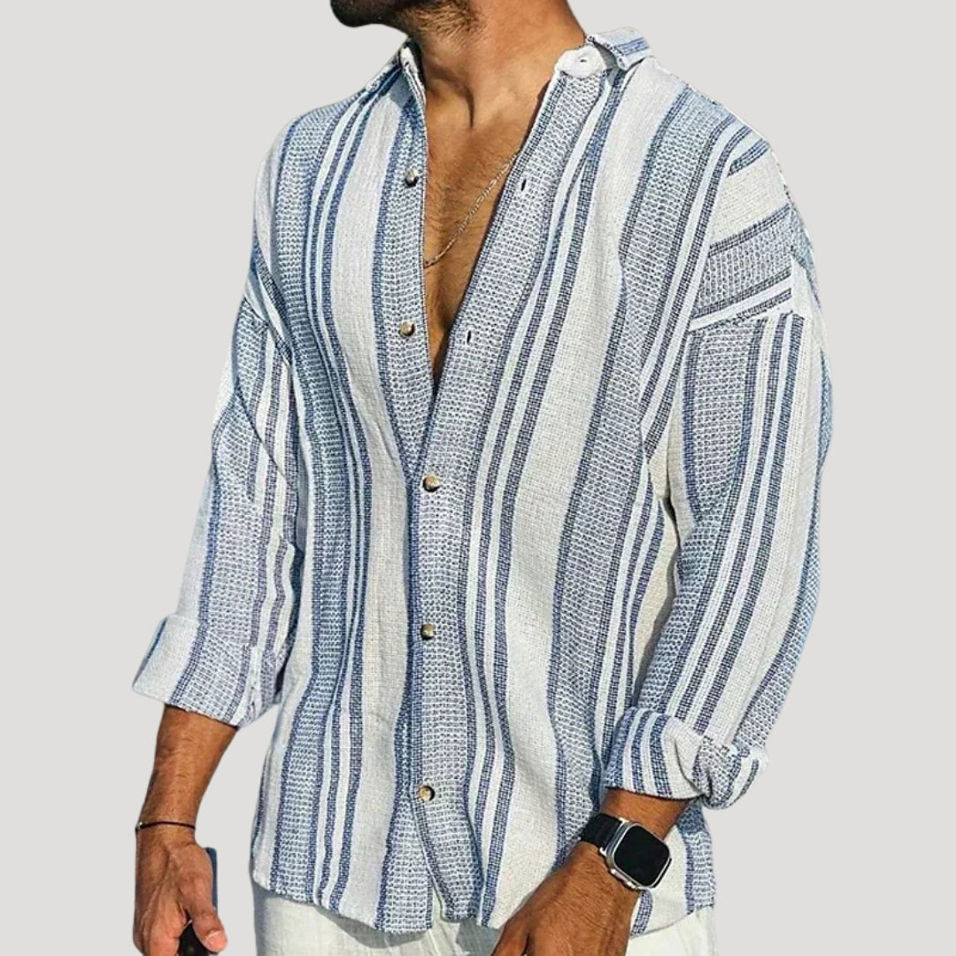 Mens Long Sleeve Linen Casual Button Shirt Striped