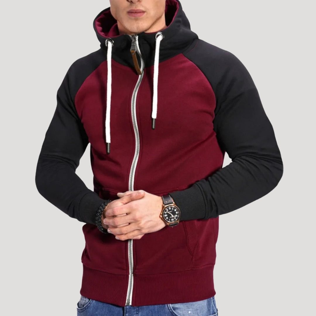 Men’s Zip Up Hoodie Contrast Sleeve Casual Drawstring Jacket