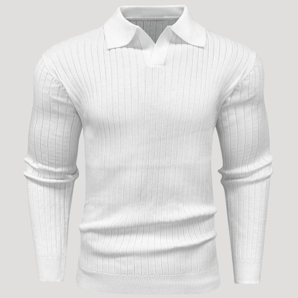 Men’s Ribbed Knit Long Sleeve Polo Sweater Slim Fit
