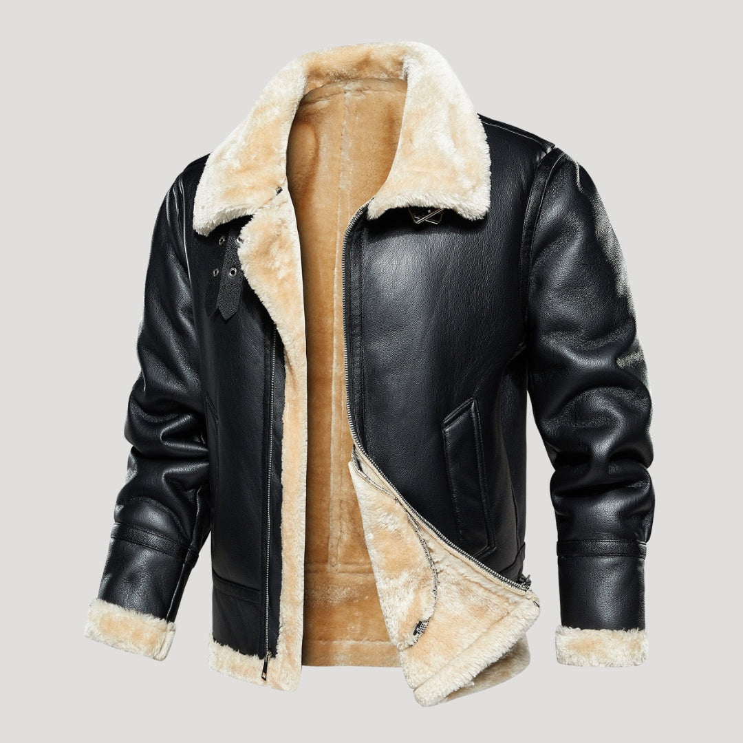 Men’s Faux Shearling Trim Aviator Leather Jacket