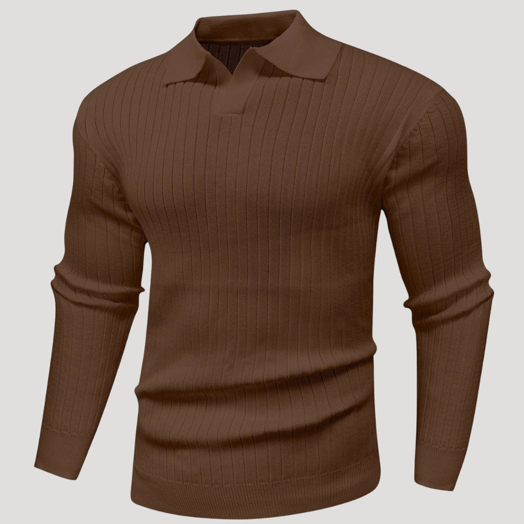 Men’s Ribbed Knit Long Sleeve Polo Sweater Slim Fit