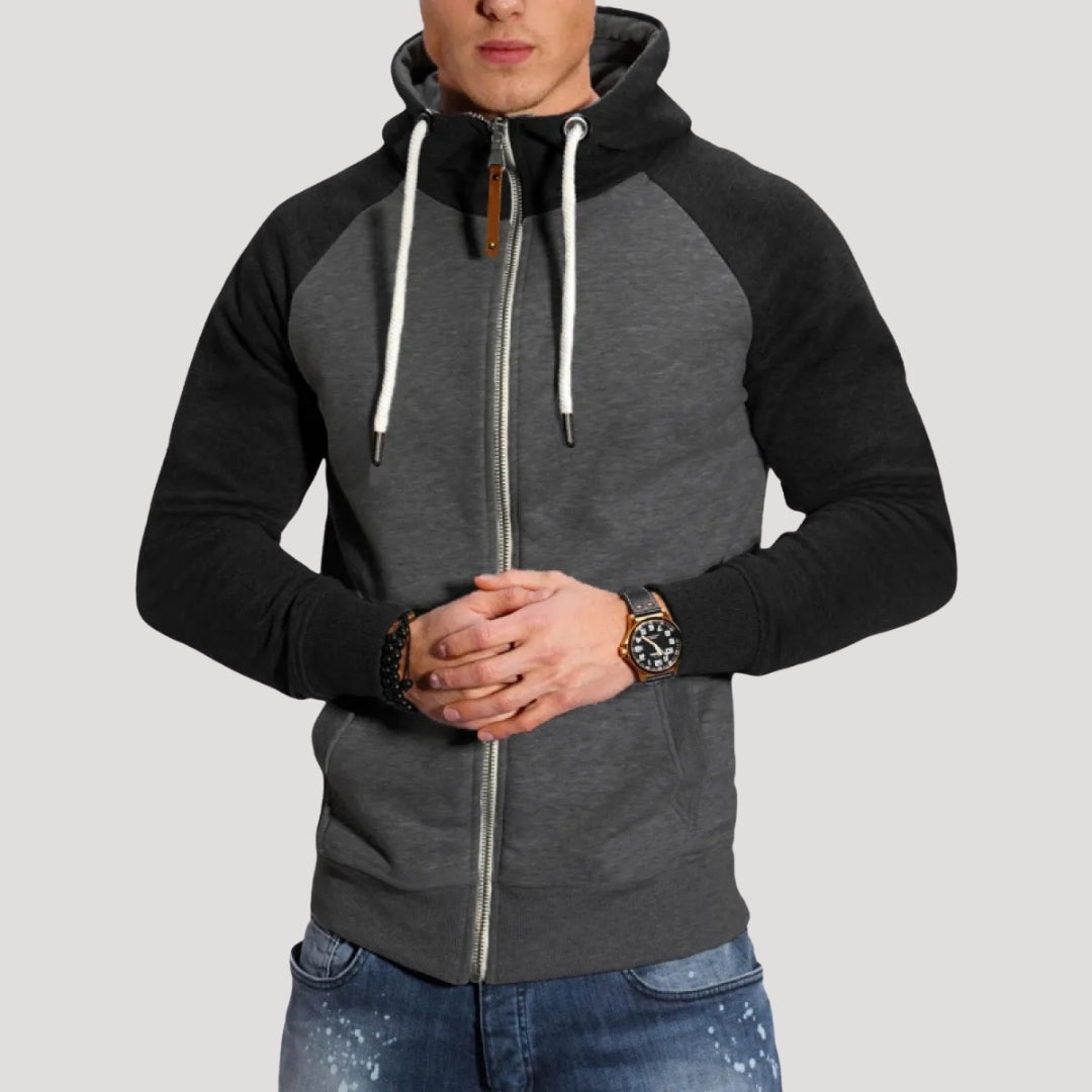 Men’s Zip Up Hoodie Contrast Sleeve Casual Drawstring Jacket