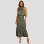 Women’s Formal Dress Midi Elegant Halter Sleeveless Satin