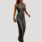 Women’s Sleeveless Sequin Jumpsuit Belted Wide Leg