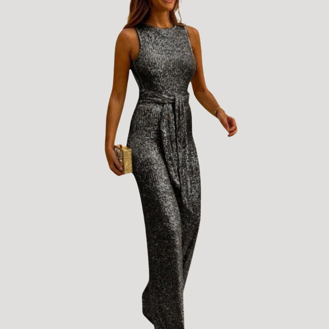 Women’s Sleeveless Sequin Jumpsuit Belted Wide Leg