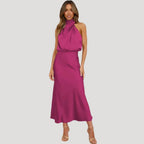 Women’s Formal Dress Midi Elegant Halter Sleeveless Satin