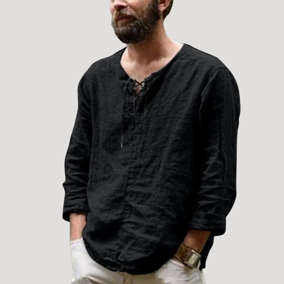 Men’s Linen Blend Lace Up Shirt Relaxed Casual Fit